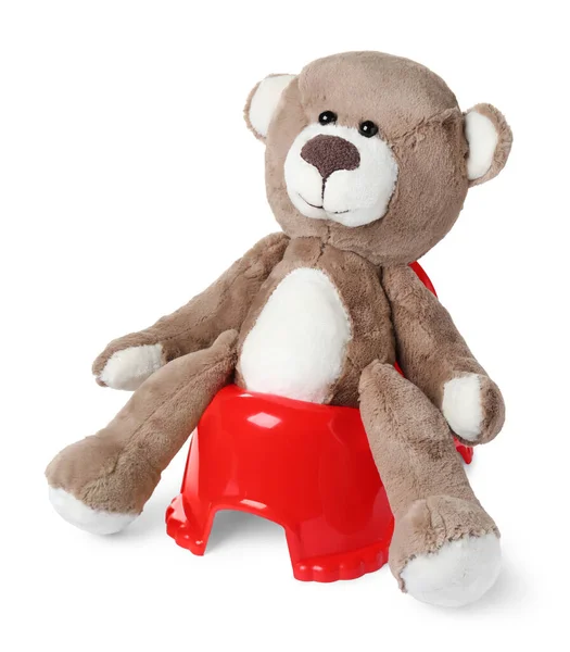 Teddy Bear Red Baby Potty White Background Toilet Training — Stock Photo, Image