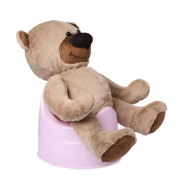 Мишка Тедди Розовом Горшочке Изолирован Белого Обучение Туалету — стоковое фото
