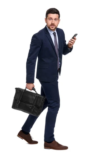 Handsome Bearded Businessman Suit Smartphone Briefcase White Background — Stock Photo, Image