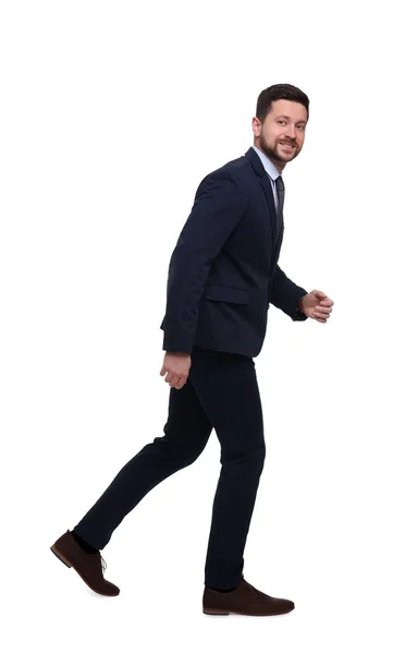 白い背景でスーツを着たハンサムな髭のビジネスマン — ストック写真