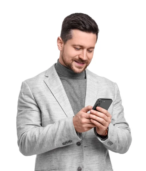 Handsome Berjenggot Pengusaha Dengan Smartphone Latar Belakang Putih — Stok Foto