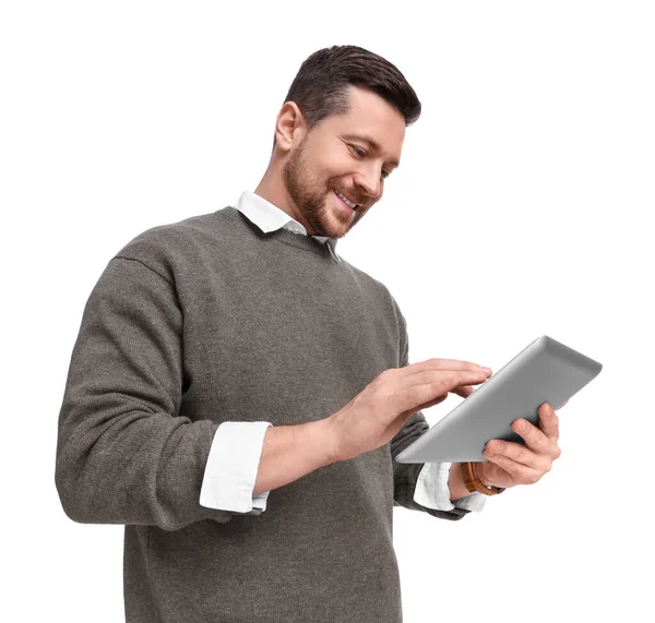 stock image Handsome bearded businessman using tablet on white background, low angle view