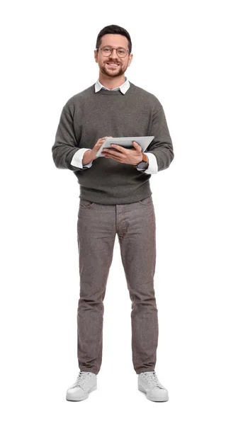 Knappe Bebaarde Zakenman Bril Met Tablet Witte Achtergrond — Stockfoto