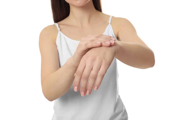 Frau Mit Schmerzen Der Hand Auf Weißem Hintergrund Nahaufnahme Symptome — Stockfoto