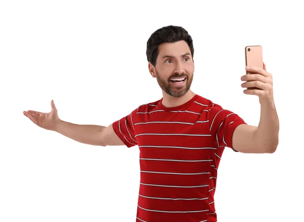 Sorrindo Homem Tomando Selfie Com Smartphone Fundo Branco — Fotografia de Stock