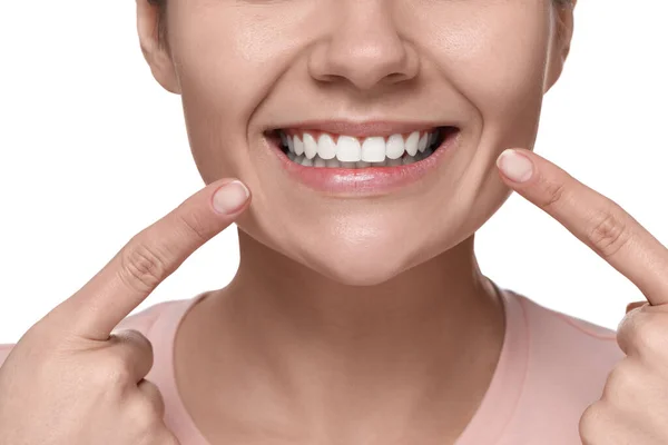 Stock image Woman showing healthy gums on white background, closeup