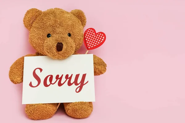 Niedlicher Teddybär Mit Aufdruck Sorry Auf Rosa Hintergrund Platz Für — Stockfoto