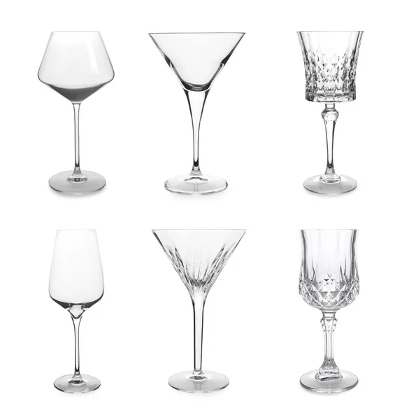 Collage Different Empty Glasses White Background — Stock Photo, Image