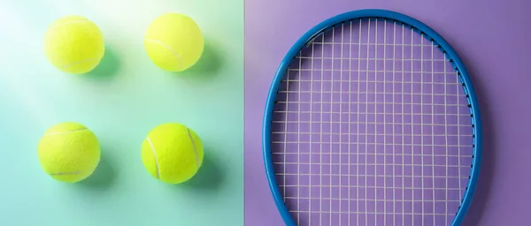 Tennis Racket Ballen Turquoise Violette Achtergrond Plat Lay Banner Ontwerp — Stockfoto
