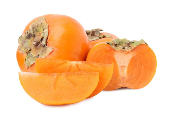 Whole Cut Delicious Ripe Juicy Persimmons White Background — Stock Photo, Image