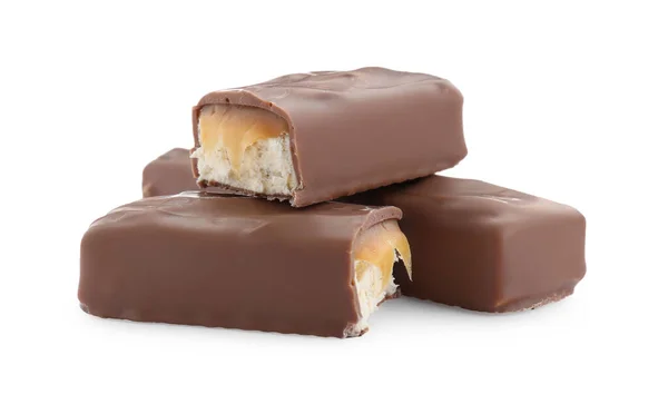 Trozos Barras Chocolate Con Caramelo Sobre Fondo Blanco — Foto de Stock