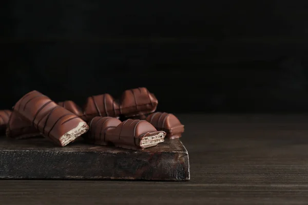 Barres Chocolat Savoureux Sur Table Bois Espace Pour Texte — Photo