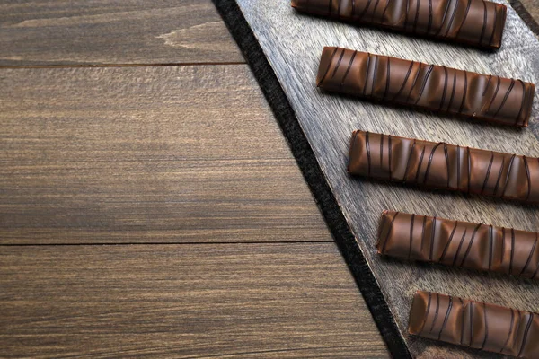 Barres Chocolat Savoureuses Sur Table Bois Vue Sur Dessus Espace — Photo