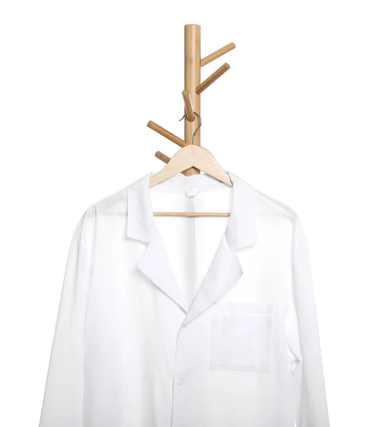 Vestido Del Doctor Estante Sobre Fondo Blanco Uniforme Médico — Foto de Stock