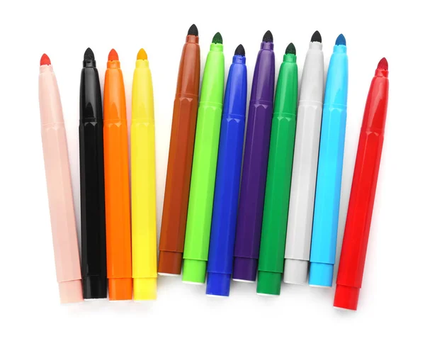 Many Different Colorful Markers White Background Top View — Stock Photo, Image