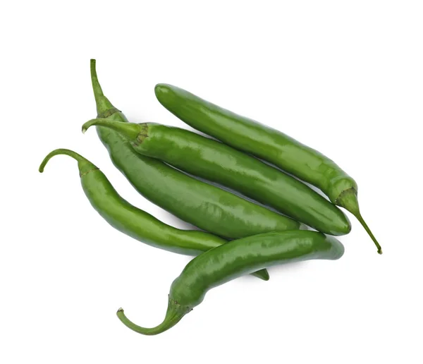 Groene Hete Chili Pepers Witte Achtergrond Bovenaanzicht — Stockfoto