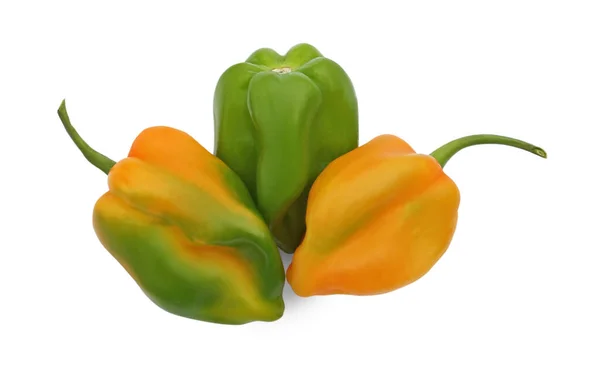Different Fresh Raw Hot Chili Peppers Isolated White Top View — Stock Photo, Image