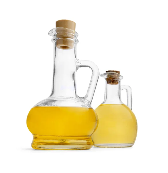 Glass Jugs Cooking Oil White Background — Stock Photo, Image
