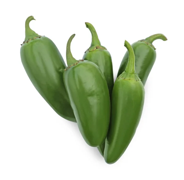 Groene Hete Chili Pepers Geïsoleerd Wit Bovenaanzicht — Stockfoto