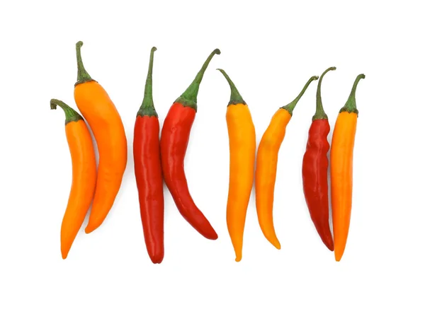 Different Hot Chili Peppers Isolated White Top View — Stock Photo, Image