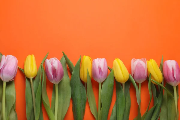 Prachtige Kleurrijke Tulpen Oranje Achtergrond Vlak Gelegd Ruimte Voor Tekst — Stockfoto