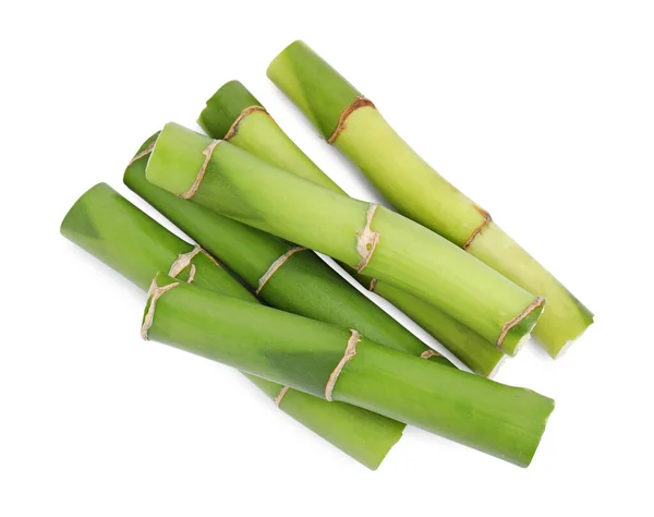 Bitar Vackra Gröna Bambu Stammar Vit Bakgrund Ovanifrån — Stockfoto