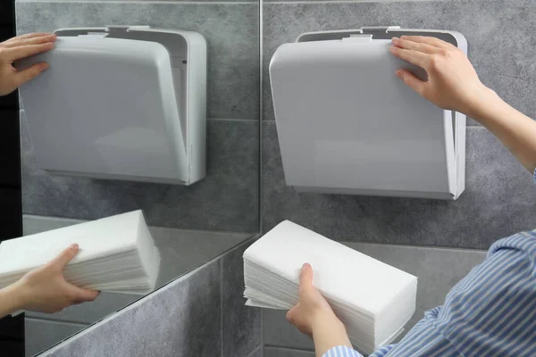 Woman Putting New Fresh Paper Towels Dispenser Bathroom Closeup — Stock Photo, Image