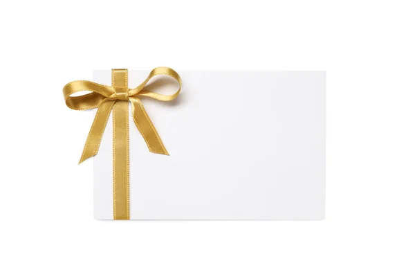 Cartão Presente Branco Com Arco Dourado Isolado Branco Vista Superior — Fotografia de Stock