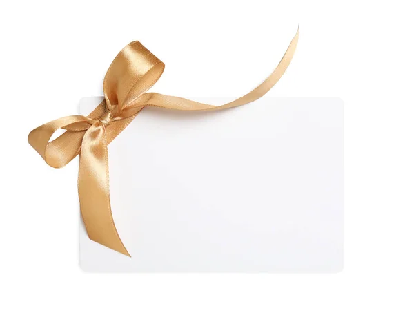 Blank Gift Card Golden Bow Isolated White Top View — Stock Photo, Image