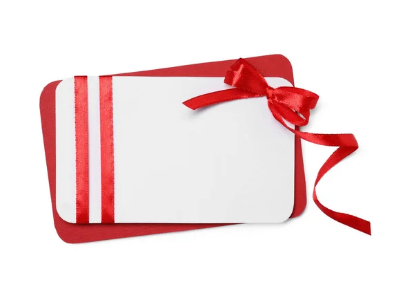 Blanko Geschenkkarte Mit Roter Schleife Isoliert Auf Weiß Ansicht Von — Stockfoto