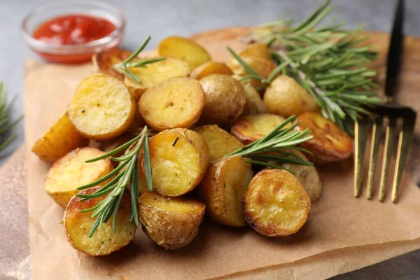 Tasty Baked Potato Aromatic Rosemary Served Board Closeup — Stock Photo, Image
