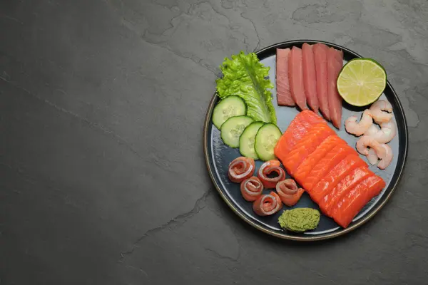Tasty Salmon Slices Shrimp Cucumber Tuna Black Table Top View — Stock Photo, Image