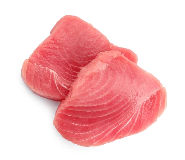 Zwei Rohe Thunfischfilets Auf Weißem Hintergrund Draufsicht — Stockfoto