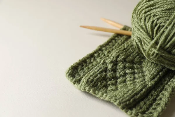 Knitting Soft Yarn Needles Beige Background Space Text — Stock Photo, Image