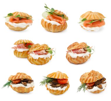 Beyaz arka planda farklı lezzetli profiterollerle kolaj