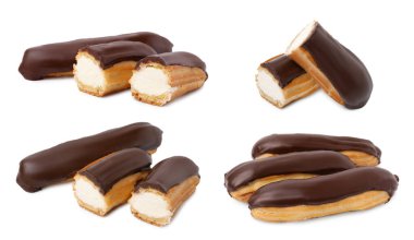 Tasty eclairs covered with chocolate on white background, collage design clipart