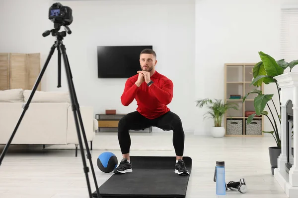 Trainer Recording Workout Camera Home — 스톡 사진