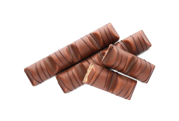 Trozos Sabrosas Barras Chocolate Sobre Fondo Blanco Vista Superior — Foto de Stock