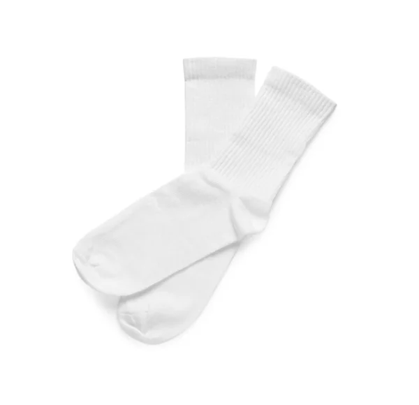 Pair Stylish Clean Socks Isolated White Top View — Stock Photo, Image