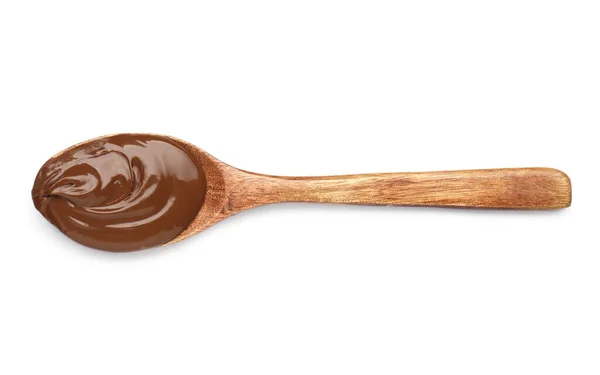 Löffel Mit Leckerer Schokoladenpaste Auf Weißem Hintergrund Ansicht Von Oben — Stockfoto