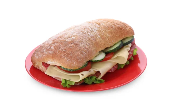 Läcker Smörgås Med Färska Grönsaker Ost Och Salami Isolerad Vitt — Stockfoto