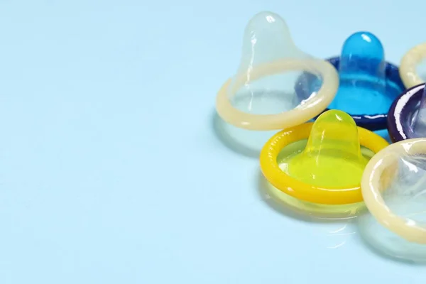 Condoms Light Blue Background Space Text Safe Sex — Stock Photo, Image