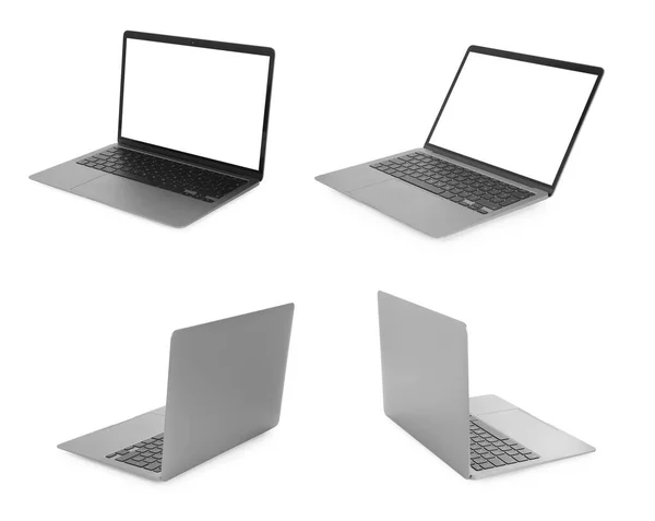 Collage Mit Modernem Laptop Isoliert Auf Weiß Verschiedene Seiten — Stockfoto