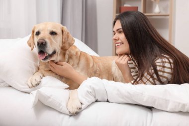 Evde tatlı Labrador Retriever 'ı olan mutlu kadın.