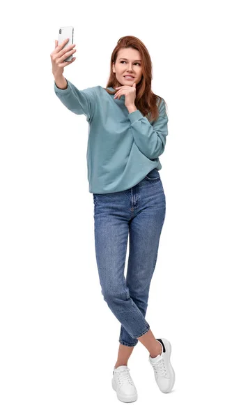 Beautiful Woman Taking Selfie White Background — Stock Photo, Image