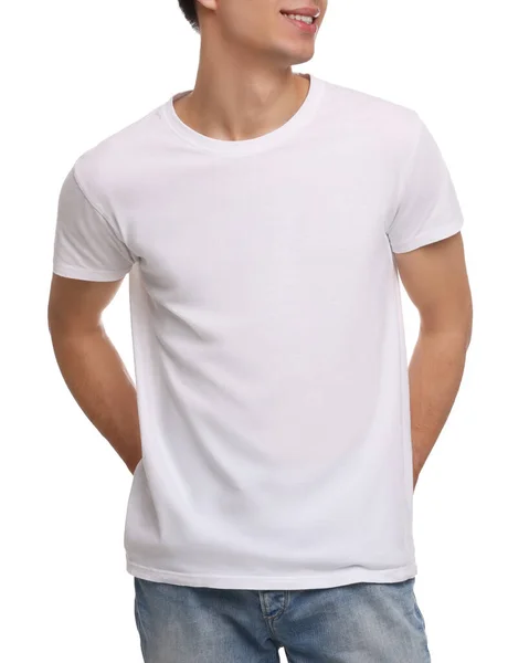 Hombre Con Elegante Camiseta Sobre Fondo Blanco Primer Plano Burla — Foto de Stock