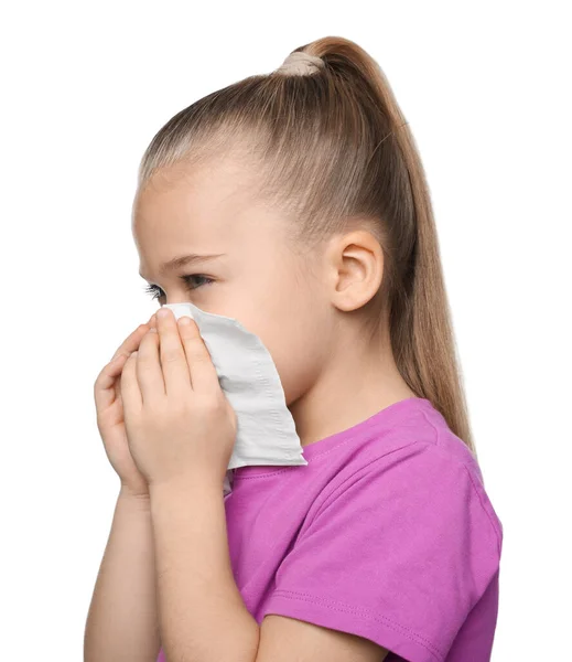 Sick Girl Blowing Nose Tissue White Background Cold Symptoms — Stock Photo, Image