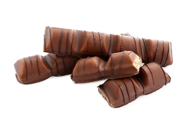 Trozos Sabrosas Barras Chocolate Sobre Fondo Blanco —  Fotos de Stock
