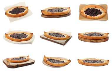 Beyaz arka planda reçelli lezzetli süzme peynirli hamur işi kolajı