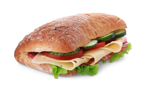 Смачний Бутерброд Свіжими Овочами Сиром Салямі Ізольовані Білому — стокове фото